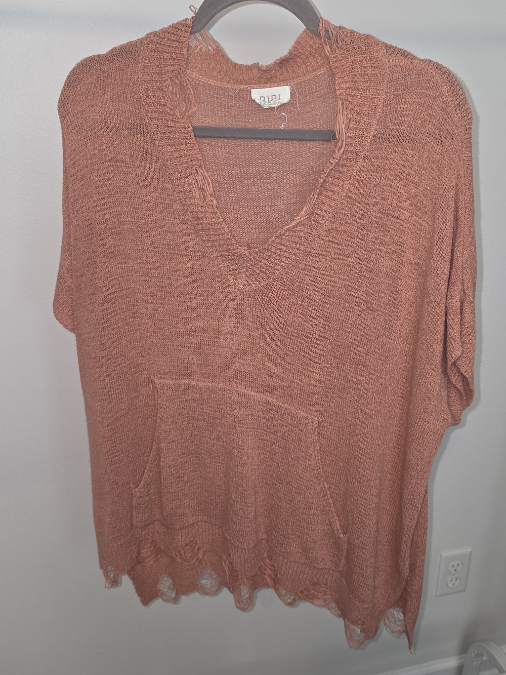 BiBi Distressed V-Neck Knit Top in Terracotta Rust